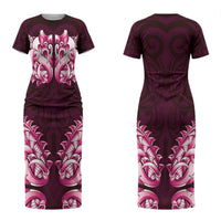 New Zealand Ta Moko Couples Matching Short Sleeve Bodycon Dress and Long Sleeve Button Shirt Aotearoa Maori Chest Tattoo Pink LT14 - Polynesian Pride
