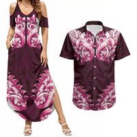 New Zealand Ta Moko Couples Matching Summer Maxi Dress and Hawaiian Shirt Aotearoa Maori Chest Tattoo Pink LT14 Pink - Polynesian Pride