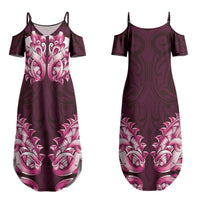 New Zealand Ta Moko Couples Matching Summer Maxi Dress and Long Sleeve Button Shirt Aotearoa Maori Chest Tattoo Pink LT14 - Polynesian Pride