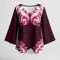 New Zealand Ta Moko Kimono Sleeve Blouse Aotearoa Maori Chest Tattoo Pink LT14 Female Pink - Polynesian Pride