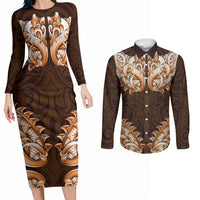 New Zealand Ta Moko Couples Matching Long Sleeve Bodycon Dress and Long Sleeve Button Shirt Aotearoa Maori Chest Tattoo Orange LT14 Orange - Polynesian Pride