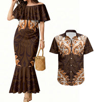 New Zealand Ta Moko Couples Matching Mermaid Dress and Hawaiian Shirt Aotearoa Maori Chest Tattoo Orange LT14 Orange - Polynesian Pride