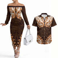 New Zealand Ta Moko Couples Matching Off The Shoulder Long Sleeve Dress and Hawaiian Shirt Aotearoa Maori Chest Tattoo Orange LT14 Orange - Polynesian Pride