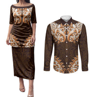 New Zealand Ta Moko Couples Matching Puletasi and Long Sleeve Button Shirt Aotearoa Maori Chest Tattoo Orange LT14 Orange - Polynesian Pride
