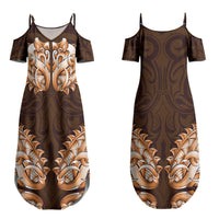 New Zealand Ta Moko Family Matching Summer Maxi Dress and Hawaiian Shirt Aotearoa Maori Chest Tattoo Orange LT14 Mom's Dress Orange - Polynesian Pride