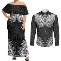 New Zealand Ta Moko Couples Matching Off Shoulder Maxi Dress and Long Sleeve Button Shirt Aotearoa Maori Chest Tattoo Black LT14 Black - Polynesian Pride