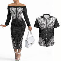 New Zealand Ta Moko Couples Matching Off The Shoulder Long Sleeve Dress and Hawaiian Shirt Aotearoa Maori Chest Tattoo Black LT14 Black - Polynesian Pride