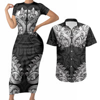 New Zealand Ta Moko Couples Matching Short Sleeve Bodycon Dress and Hawaiian Shirt Aotearoa Maori Chest Tattoo Black LT14 Black - Polynesian Pride