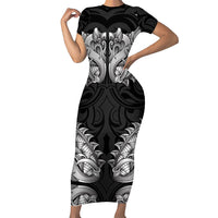 New Zealand Ta Moko Short Sleeve Bodycon Dress Aotearoa Maori Chest Tattoo Black LT14 Long Dress Black - Polynesian Pride