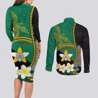 Personalised PNG Enga Provins Couples Matching Long Sleeve Bodycon Dress and Long Sleeve Button Shirt Papua New Guinea Plumeria Melanesian Pattern - Polynesian Pride