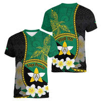 Personalised PNG Enga Provins Women V-Neck T-Shirt Papua New Guinea Plumeria Melanesian Pattern - Polynesian Pride