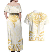 Gold White New Zealand Manta Ray Couples Matching Off Shoulder Maxi Dress and Hawaiian Shirt Aotearoa Maori Haehae - Polynesian Pride
