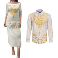 Gold White New Zealand Manta Ray Couples Matching Puletasi and Long Sleeve Button Shirt Aotearoa Maori Haehae - Polynesian Pride