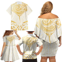 Gold White New Zealand Manta Ray Family Matching Off Shoulder Short Dress and Hawaiian Shirt Aotearoa Maori Haehae - Polynesian Pride