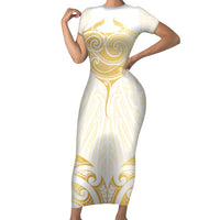 Gold White New Zealand Manta Ray Family Matching Short Sleeve Bodycon Dress and Hawaiian Shirt Aotearoa Maori Haehae LT14 Mom's Dress White - Polynesian Pride