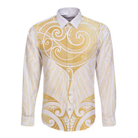 Gold White New Zealand Manta Ray Long Sleeve Button Shirt Aotearoa Maori Haehae - Polynesian Pride
