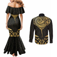 Gold Black New Zealand Manta Ray Couples Matching Mermaid Dress and Long Sleeve Button Shirt Aotearoa Maori Haehae LT14 - Polynesian Pride