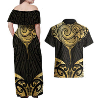 Gold Black New Zealand Manta Ray Couples Matching Off Shoulder Maxi Dress and Hawaiian Shirt Aotearoa Maori Haehae LT14 - Polynesian Pride