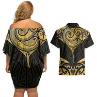 Gold Black New Zealand Manta Ray Couples Matching Off Shoulder Short Dress and Hawaiian Shirt Aotearoa Maori Haehae LT14 - Polynesian Pride