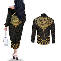 Gold Black New Zealand Manta Ray Couples Matching Off The Shoulder Long Sleeve Dress and Long Sleeve Button Shirt Aotearoa Maori Haehae LT14 - Polynesian Pride