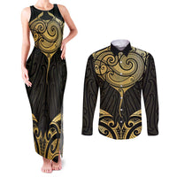 Gold Black New Zealand Manta Ray Couples Matching Tank Maxi Dress and Long Sleeve Button Shirt Aotearoa Maori Haehae LT14 Black - Polynesian Pride