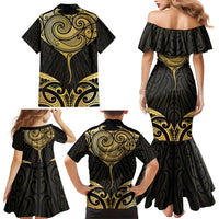 Gold Black New Zealand Manta Ray Family Matching Mermaid Dress and Hawaiian Shirt Aotearoa Maori Haehae LT14 - Polynesian Pride