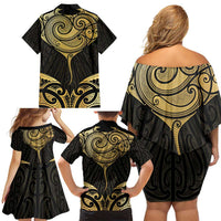 Gold Black New Zealand Manta Ray Family Matching Off Shoulder Short Dress and Hawaiian Shirt Aotearoa Maori Haehae - Polynesian Pride