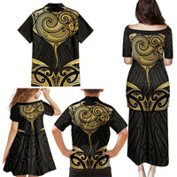 Gold Black New Zealand Manta Ray Family Matching Puletasi and Hawaiian Shirt Aotearoa Maori Haehae - Polynesian Pride