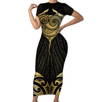 Gold Black New Zealand Manta Ray Family Matching Short Sleeve Bodycon Dress and Hawaiian Shirt Aotearoa Maori Haehae LT14 Mom's Dress Black - Polynesian Pride