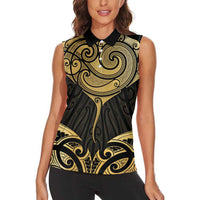 Gold Black New Zealand Manta Ray Women Sleeveless Polo Shirt Aotearoa Maori Haehae - Polynesian Pride