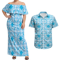 Polu Hawaii Iwa Bird Palaka Motifs Couples Matching Off Shoulder Maxi Dress and Hawaiian Shirt LT14 Blue - Polynesian Pride