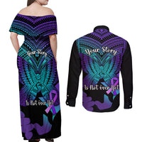Suicide Awareness Your Story Is Not Over Yet Couples Matching Off Shoulder Maxi Dress and Long Sleeve Button Shirts Polynesian Butterfly Tattoo LT14 - Polynesian Pride