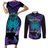 Suicide Awareness Your Story Is Not Over Yet Couples Matching Short Sleeve Bodycon Dress and Long Sleeve Button Shirts Polynesian Butterfly Tattoo LT14 Purple - Polynesian Pride
