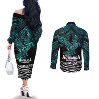 New Zealand Sulphur-crested Cockatoo Couples Matching Off The Shoulder Long Sleeve Dress and Long Sleeve Button Shirt Aotearoa Maori Mix Paua Shell LT14 - Polynesian Pride