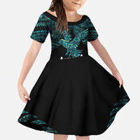 New Zealand Sulphur-crested Cockatoo Family Matching Mermaid Dress and Hawaiian Shirt Aotearoa Maori Mix Paua Shell LT14 Daughter's Dress Turquoise - Polynesian Pride