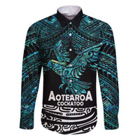 New Zealand Sulphur-crested Cockatoo Family Matching Puletasi and Hawaiian Shirt Aotearoa Maori Mix Paua Shell LT14 Dad's Shirt - Long Sleeve Turquoise - Polynesian Pride