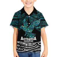 New Zealand Sulphur-crested Cockatoo Family Matching Puletasi and Hawaiian Shirt Aotearoa Maori Mix Paua Shell LT14 Son's Shirt Turquoise - Polynesian Pride