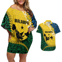 Malampa Province Couples Matching Off Shoulder Short Dress and Hawaiian Shirt Vanuatu Map - Plumeria Flag Color LT14 Yellow - Polynesian Pride