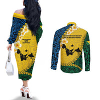 Malampa Province Couples Matching Off The Shoulder Long Sleeve Dress and Long Sleeve Button Shirt Vanuatu Map - Plumeria Flag Color LT14 - Polynesian Pride