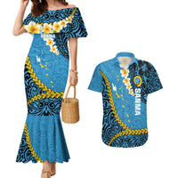 Sanma Province Couples Matching Mermaid Dress and Hawaiian Shirt Vanuatu Pattern Myna Bird - Plumeria Flag Color LT14 Blue - Polynesian Pride