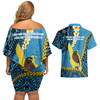 Sanma Province Couples Matching Off Shoulder Short Dress and Hawaiian Shirt Vanuatu Pattern Myna Bird - Plumeria Flag Color LT14 - Polynesian Pride