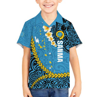 Sanma Province Family Matching Long Sleeve Bodycon Dress and Hawaiian Shirt Vanuatu Pattern Myna Bird - Plumeria Flag Color LT14 Son's Shirt Blue - Polynesian Pride