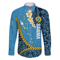 Sanma Province Family Matching Short Sleeve Bodycon Dress and Hawaiian Shirt Vanuatu Pattern Myna Bird - Plumeria Flag Color LT14 Dad's Shirt - Long Sleeve Blue - Polynesian Pride