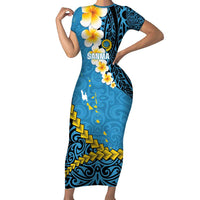 Sanma Province Family Matching Short Sleeve Bodycon Dress and Hawaiian Shirt Vanuatu Pattern Myna Bird - Plumeria Flag Color LT14 Mom's Dress Blue - Polynesian Pride
