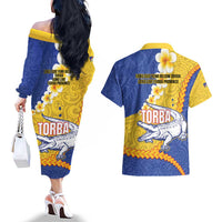Torba Province Couples Matching Off The Shoulder Long Sleeve Dress and Hawaiian Shirt Vanuatu Pattern Crocodile - Plumeria Flag Color