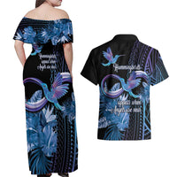 Polynesian Memorial Couples Matching Off Shoulder Maxi Dress and Hawaiian Shirt Hummingbirds Appear When Angels Are Near LT14