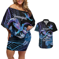 Polynesian Memorial Couples Matching Off Shoulder Short Dress and Hawaiian Shirt Hummingbirds Appear When Angels Are Near LT14 Black - Polynesian Pride