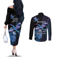 Polynesian Memorial Couples Matching Off The Shoulder Long Sleeve Dress and Long Sleeve Button Shirt Hummingbirds Appear When Angels Are Near LT14 - Polynesian Pride