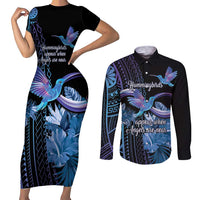 Polynesian Memorial Couples Matching Short Sleeve Bodycon Dress and Long Sleeve Button Shirt Hummingbirds Appear When Angels Are Near LT14 Black - Polynesian Pride