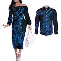 Blue Polynesia Shark Tattoo Couples Matching Off The Shoulder Long Sleeve Dress and Long Sleeve Button Shirt With Polynesian Plumeria LT14 Blue - Polynesian Pride
